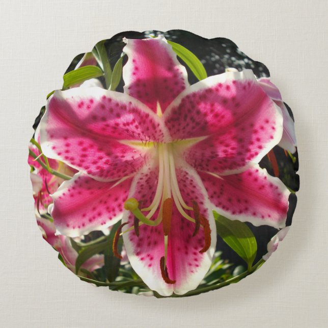 Pink lilies pink tropical flowers pink floral round pillow (Front)