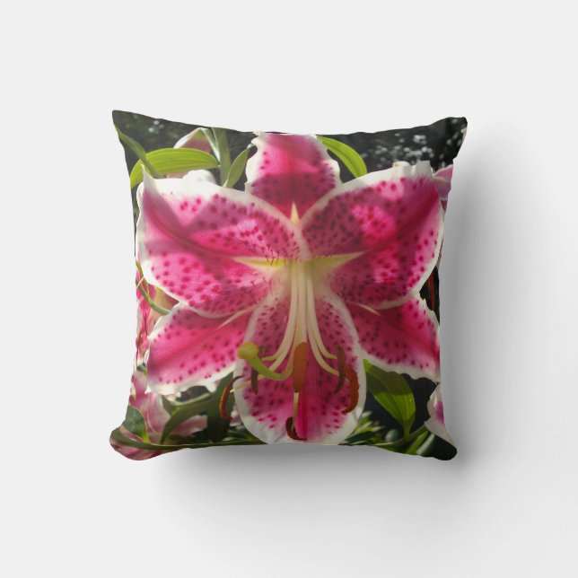 Pink lilies pink tropical flowers pink floral throw pillow (Front)