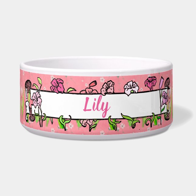 Pink Lilies Pink White Green Add Your Pet's Name Bowl (Front)