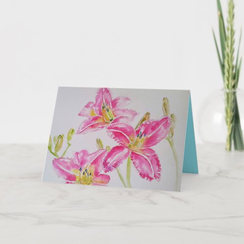 Pink Lilies Watercolour Birthday Card