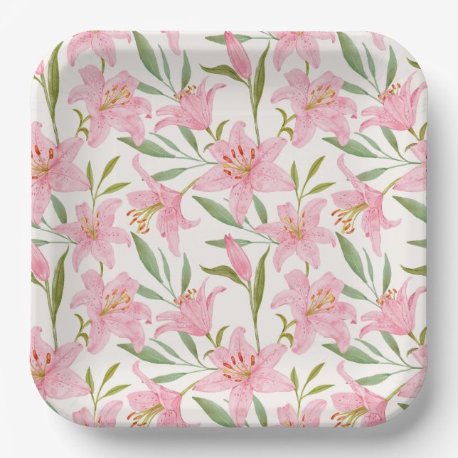 Pink Lillies Floral  Paper Plates (Front)