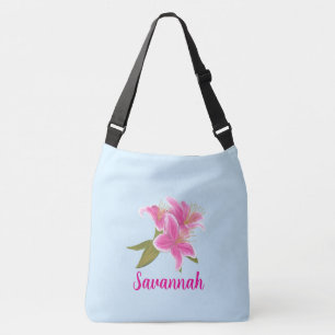 Pink Lillies on Blue Background Crossbody Bag