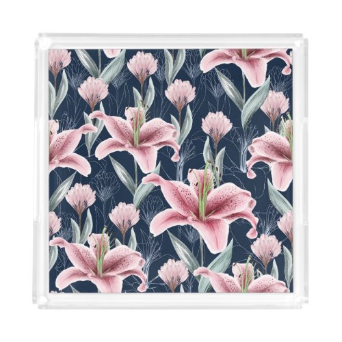 Pink Lilly Flower Seamless Pattern Acrylic Tray