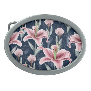 Pink Lilly Flower Seamless Pattern. Belt Buckle