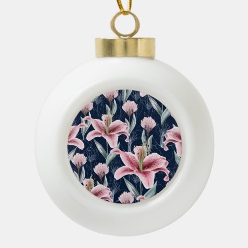 Pink Lilly Flower Seamless Pattern Ceramic Ball Christmas Ornament