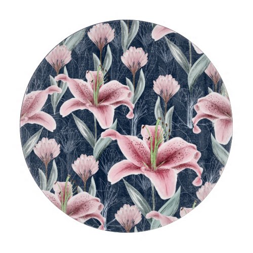 Pink Lilly Flower Seamless Pattern Cutting Board