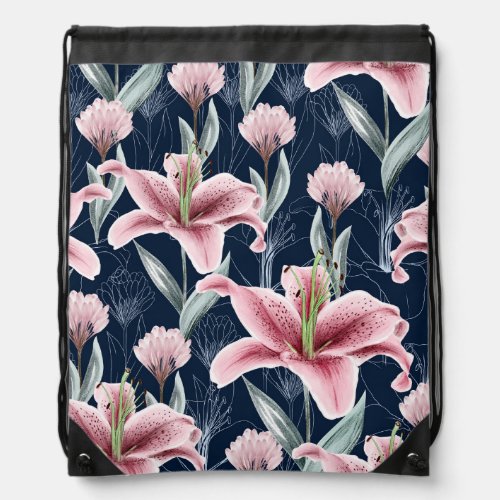 Pink Lilly Flower Seamless Pattern Drawstring Bag