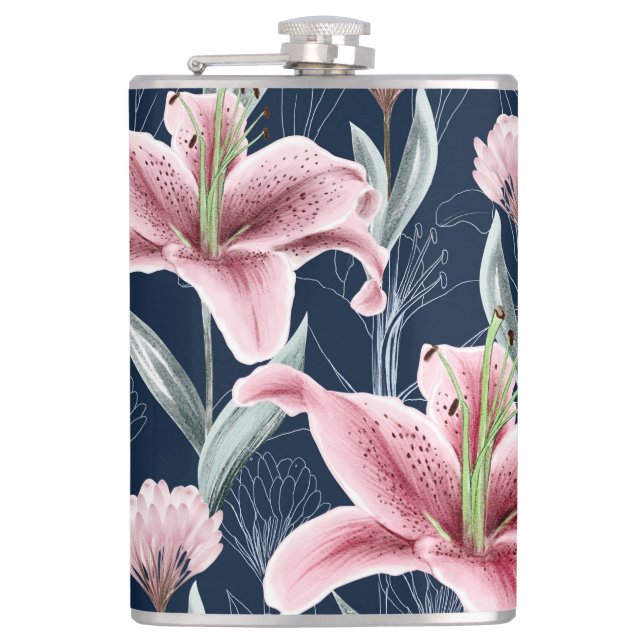 Pink Lilly Flower Seamless Pattern. Flask (Front)