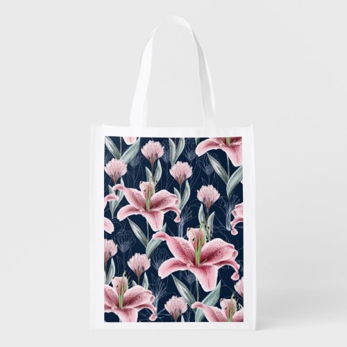 Pink Lilly Flower Seamless Pattern Grocery Bag