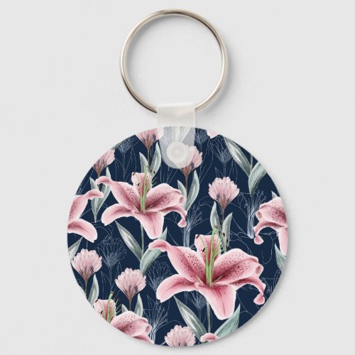 Pink Lilly Flower Seamless Pattern Keychain
