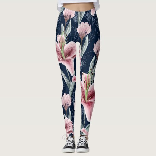 Pink Lilly Flower Seamless Pattern Leggings