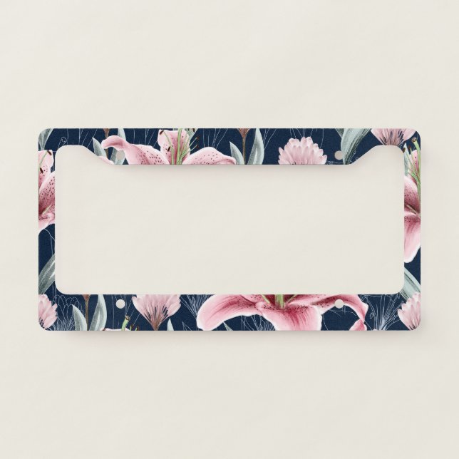 Pink Lilly Flower Seamless Pattern. License Plate Frame (Front)