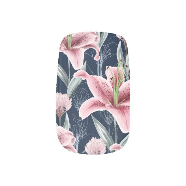 Pink Lilly Flower Seamless Pattern. Minx Nail Art (Left Thumb)
