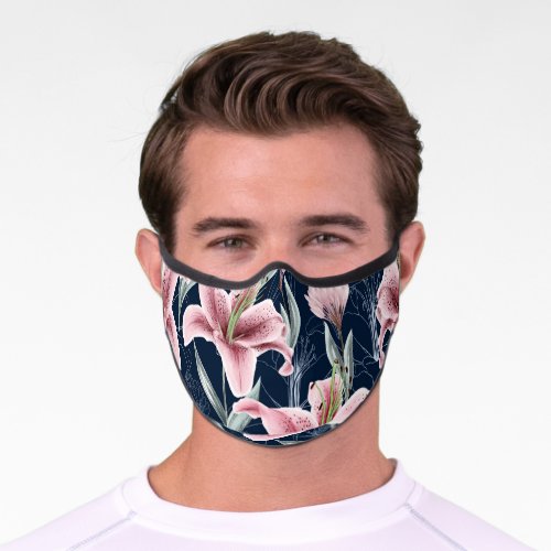 Pink Lilly Flower Seamless Pattern Premium Face Mask