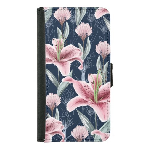 Pink Lilly Flower Seamless Pattern Samsung Galaxy S5 Wallet Case