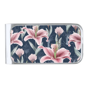 Pink Lilly Flower Seamless Pattern. Silver Finish Money Clip