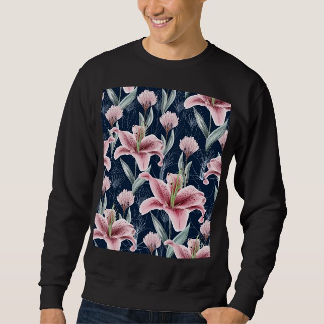 Pink Lilly Flower Seamless Pattern. Sweatshirt (Front)