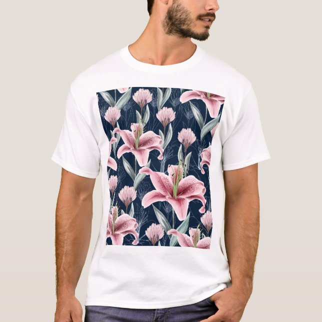 Pink Lilly Flower Seamless Pattern. T-Shirt (Front)