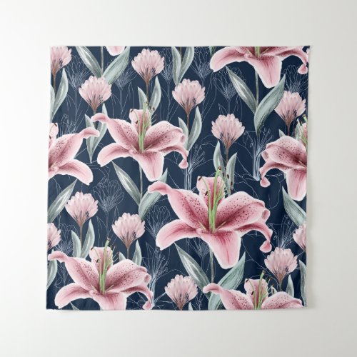 Pink Lilly Flower Seamless Pattern Tapestry