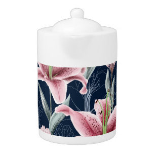 Pink Lilly Flower Seamless Pattern. Teapot