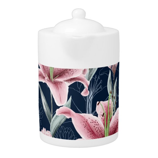 Pink Lilly Flower Seamless Pattern. Teapot (Front)