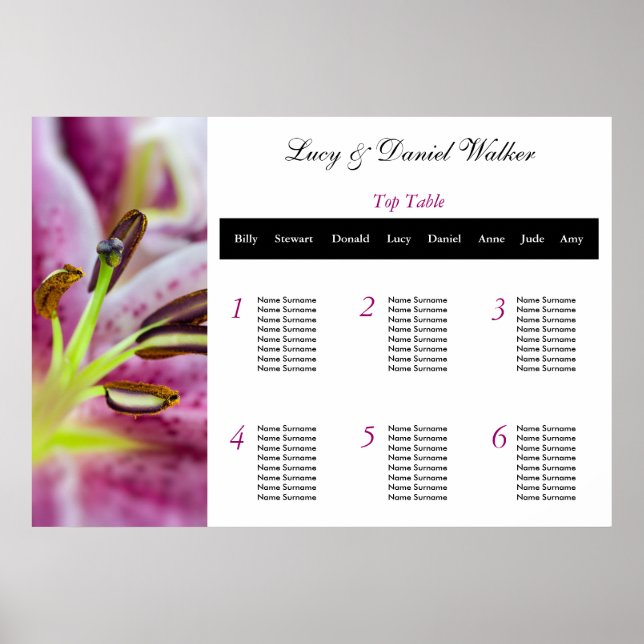 Pink Lilly Wedding Seating Table Plan Poster (Front)