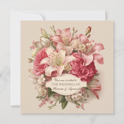 Pink Lily and Peony Vintage Wedding Invitation