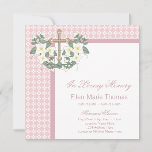 Pink Lily Cross In Loving Memory Memorial Invitation