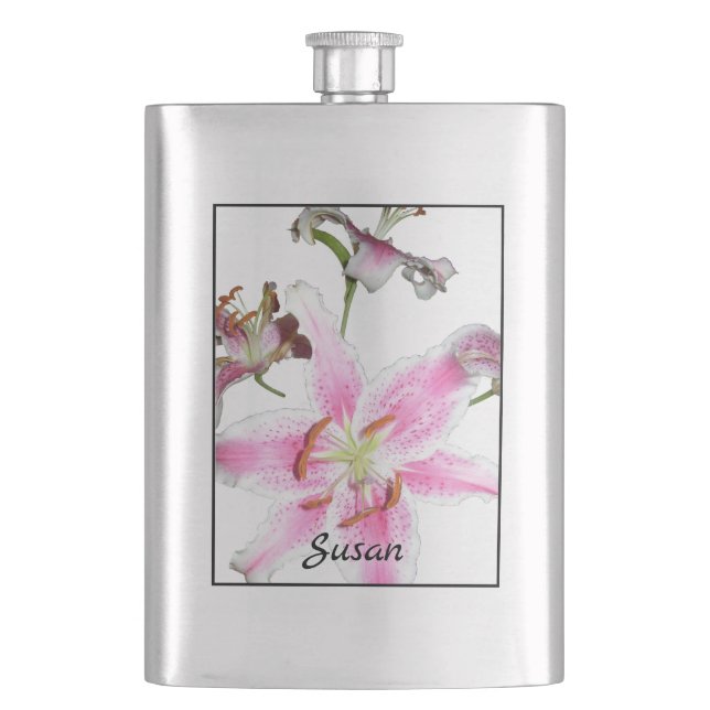 Pink Lily | Delicate Pink Lily Flower on Silver Flask (Front)