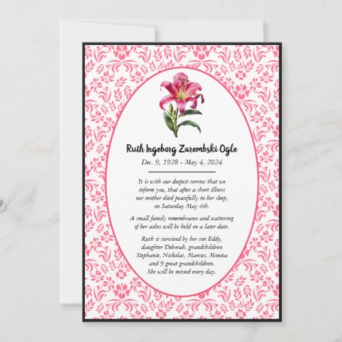 Pink Lily European Style Death Announcement Card