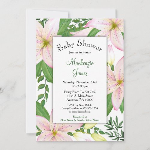 Pink Lily Floral Baby Shower Invitation Girls