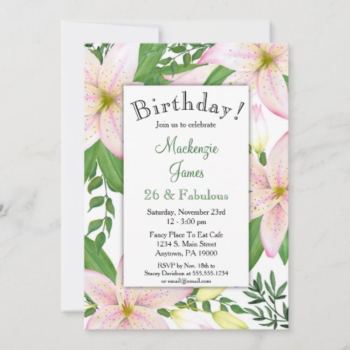 Pink Lily Floral Birthday Party Invitation Ladies