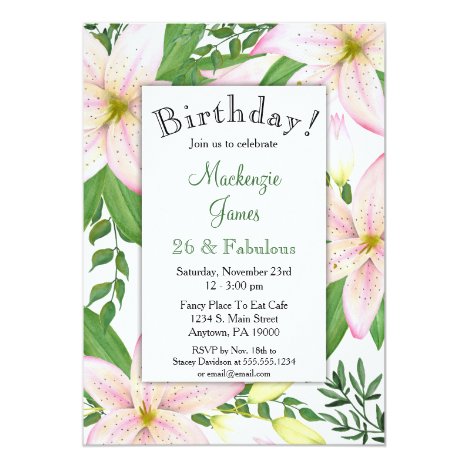 Pink Lily Floral Birthday Party Invitation Ladies