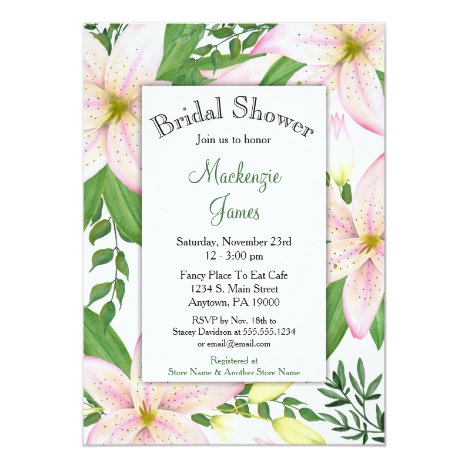 Pink Lily Floral Bridal Shower Invitation Lilies