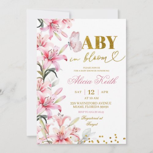 Pink Lily Floral Butterfly Baby in Bloom Invitatio Invitation