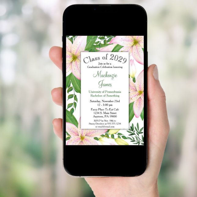 Pink Lily Floral Graduation Invitation Girls Woman (Front Digital)