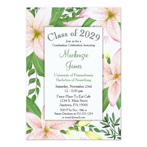 Pink Lily Floral Graduation Invitation Girls Woman