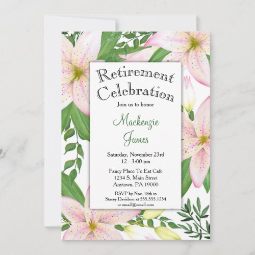 Pink Lily Floral Retirement Invitation