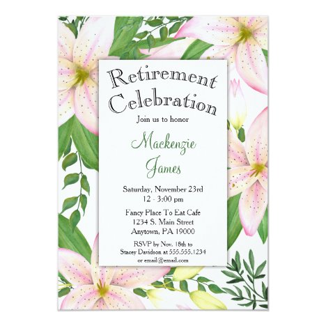 Pink Lily Floral Retirement Invitation