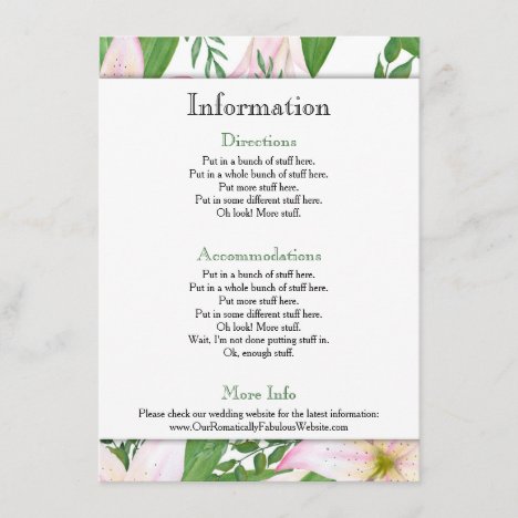 Pink Lily Floral Wedding Information Details Enclosure Card