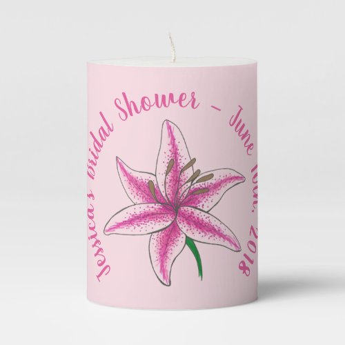 Pink Lily Flower Bridal Shower Centerpiece Pillar Candle