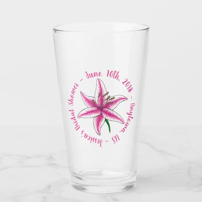 Pink Lily Flower Bridal Shower Wedding Favor Glass (Front)
