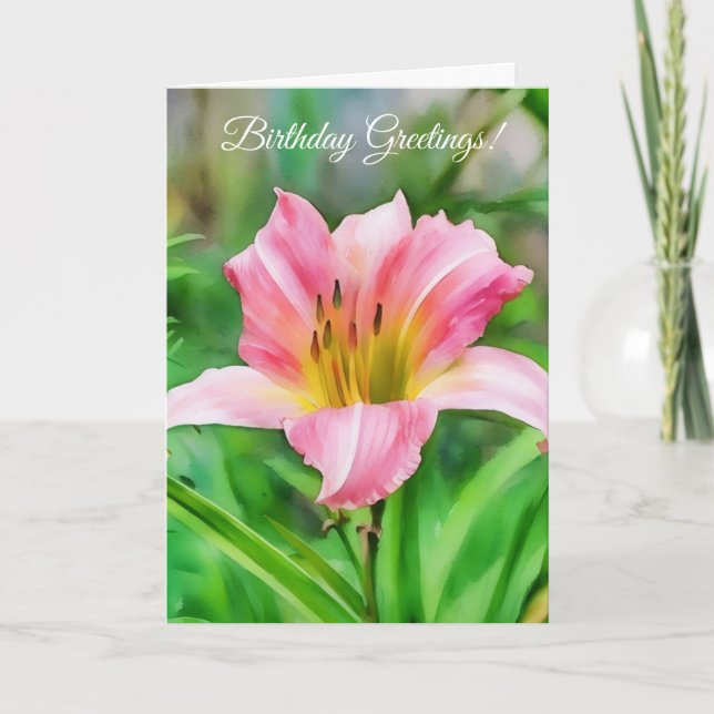 Pink Lily Flower Floral Art Birthday Card (Front)
