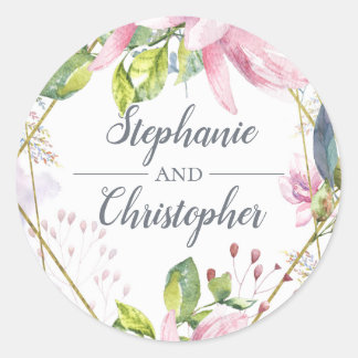 Pink Lily Flower Geometric Watercolor Wedding Classic Round Sticker