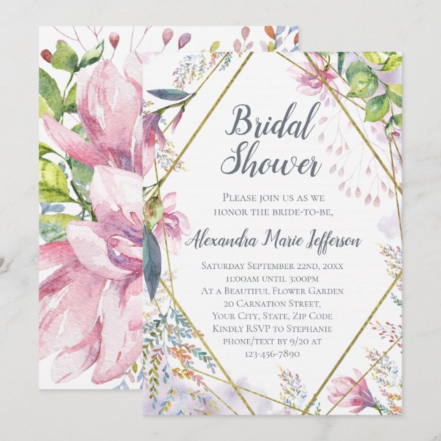 Pink Lily Flower Geometric Watercolor Wedding Invitation (Front/Back)