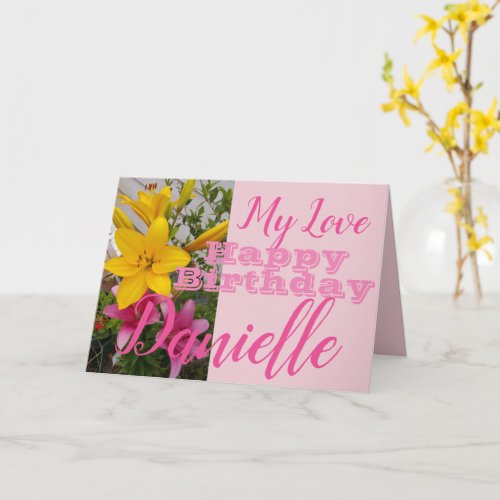 Pink Lily Flower Happy Birthday Womans Name Card