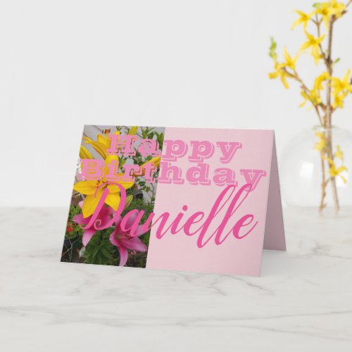 Pink Lily Flower Happy Birthday Womans Name Card