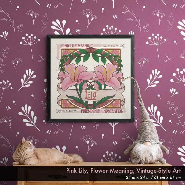 Pink Lily- Flower Meaning Vintage-Style Poster (Pink Lily - Flower Meaning Vintage-Style Poster: 24 in. x 24 in. / 61 cm x 61 cm)