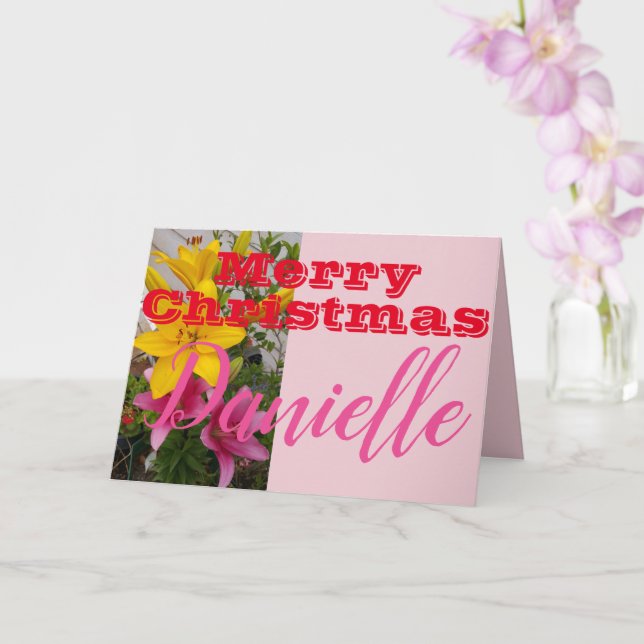 Pink Lily Flower Merry Christmas Womans Name Card (Orchid)