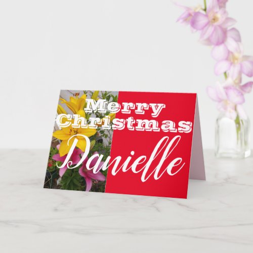 Pink Lily Flower Merry Christmas Womans Name Card